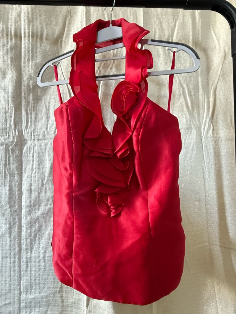 White House Black Market Red Silk Halter with Ruffle Rose